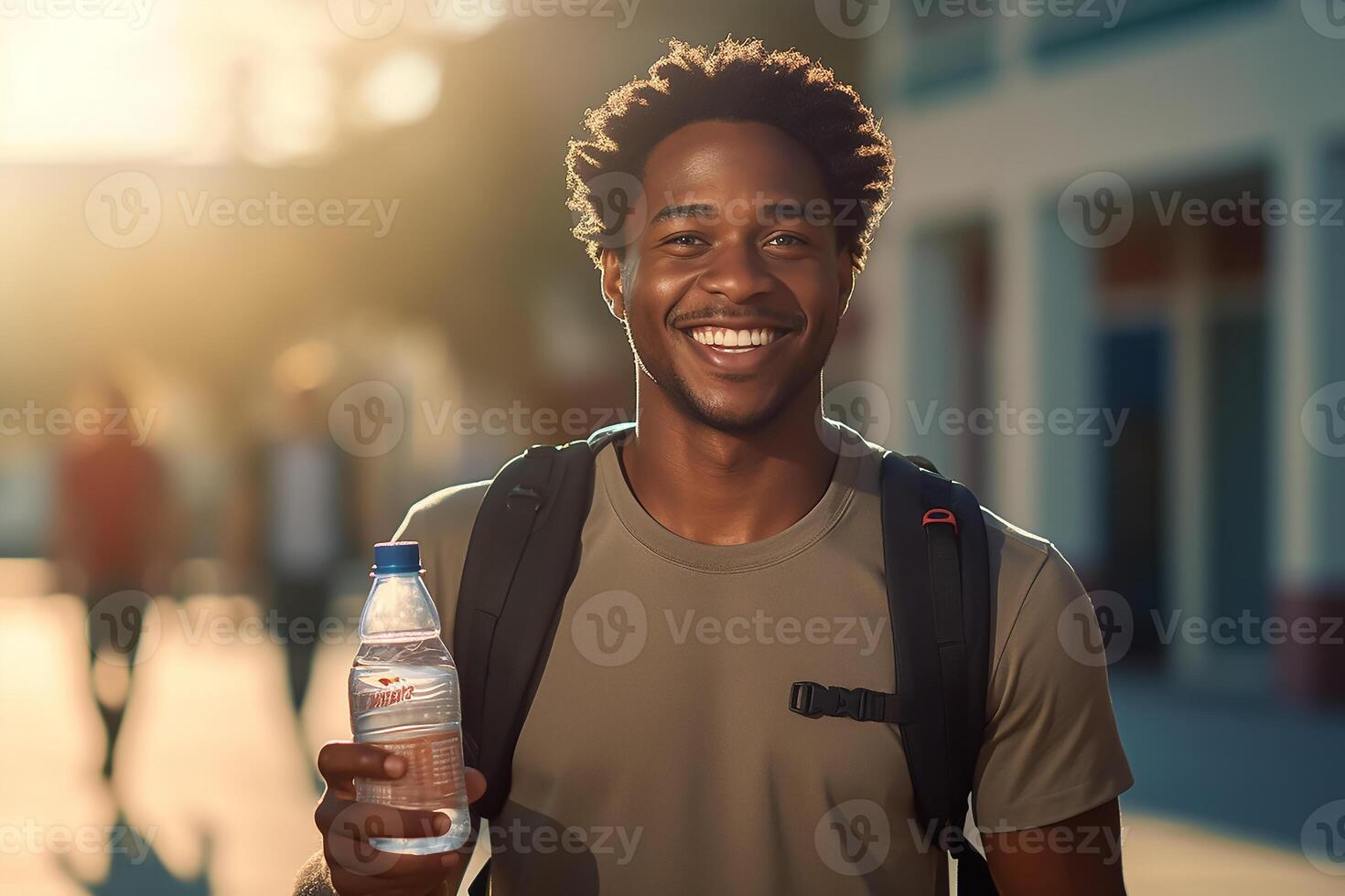 AI generated A happy smiling man who is walking, he is holding a water bottle photo