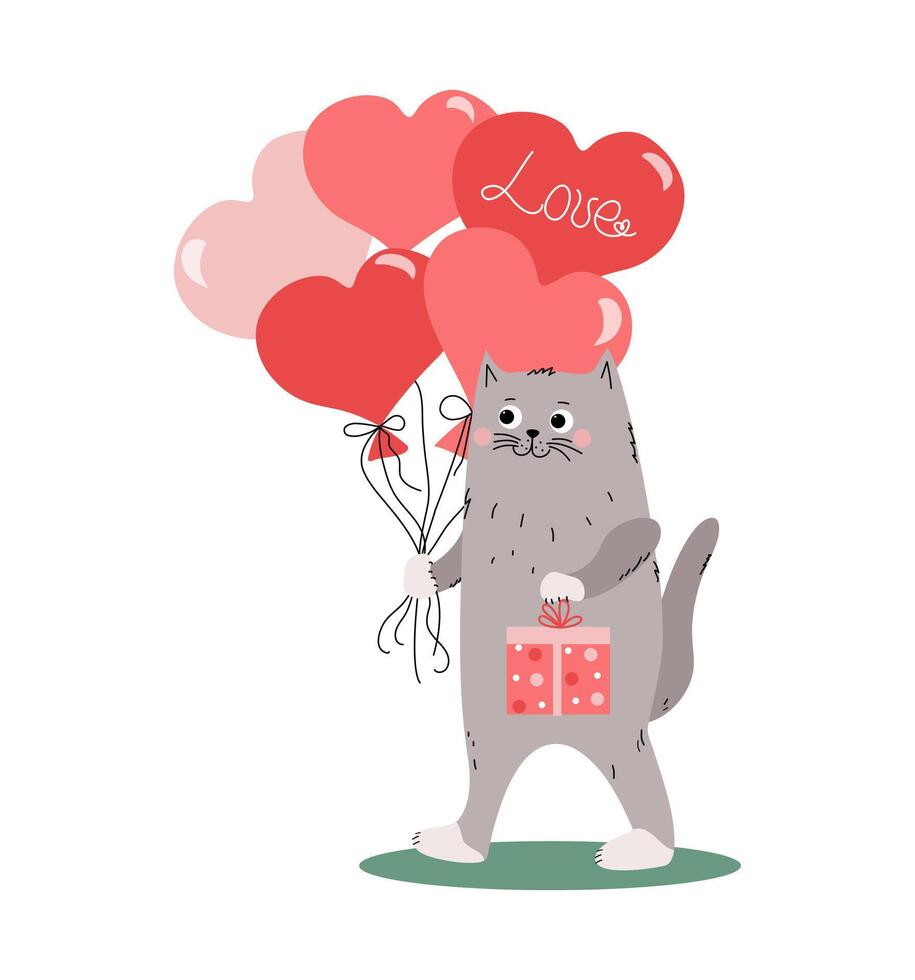 Cartoon cat with a gift box and heart-shaped balloons. Happy Kitten. Inscription, the word love. Card design for wedding, birthday, Valentine's Day. Vector illustration.