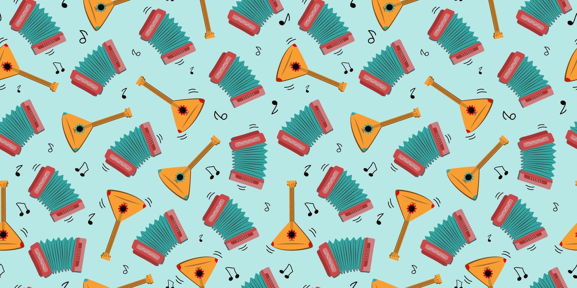 Harmonica, balalaika. Seamless pattern. Musical instruments. Plays the harmonica. Russian traditions, folklore. Song, music, musical notes. Cartoon Drawing, doodle. Vector background.