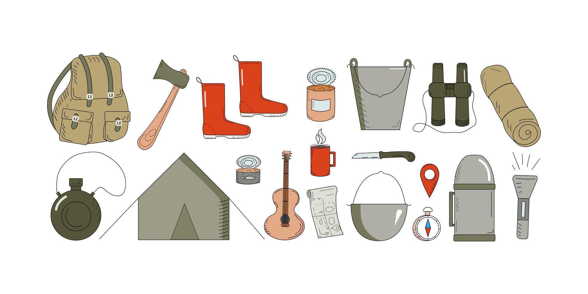Camping set for amateur tourist. Travel, hike, tourism, outdoor recreation. Equipment, Backpack, tent, sleeping mat, water flask, thermos, food. Rubber boots, compass. Doodle drawings. Military style. vector