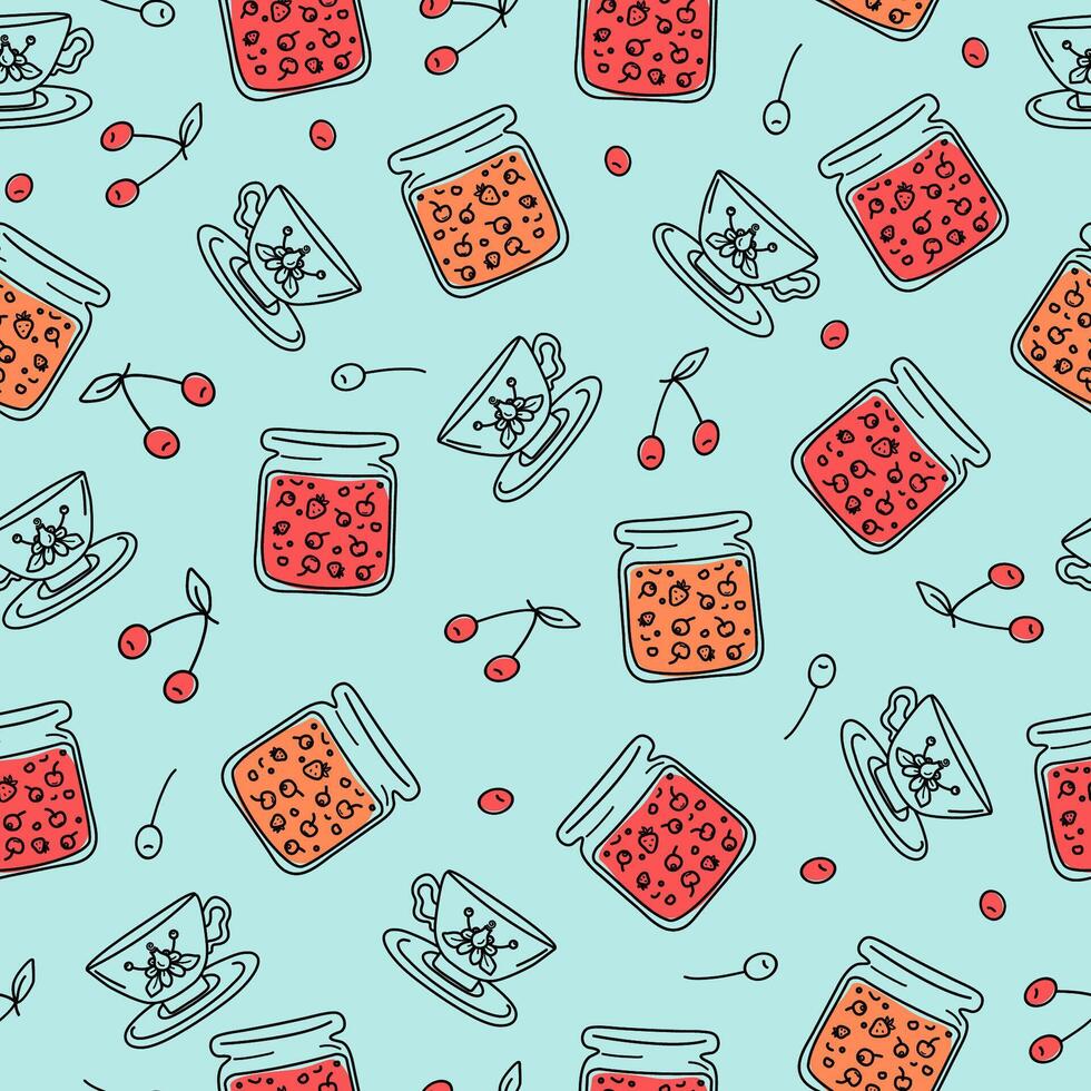 taza de té, mermelada en frasco. patrón, sin costura. baya mermelada. Cereza baya. dulce alimento, postre. té fiesta. conjunto de íconos en garabatear estilo. vector ilustración.