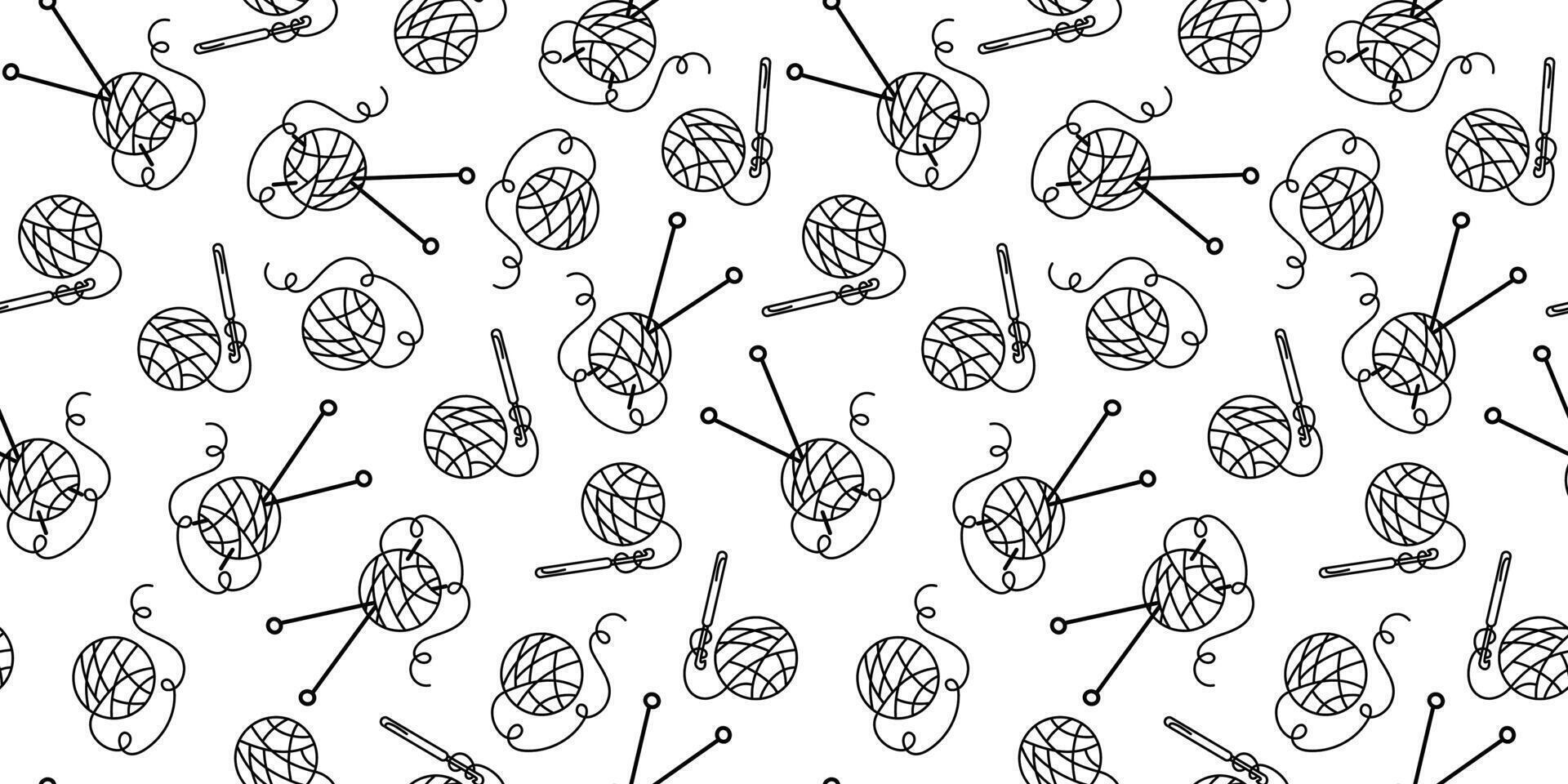 Pattern. Threads in a skein. A ball of wool. Hobbies, Crafts, Handmade. Doodle style. Items and tools for knitting. Vector seamless background.