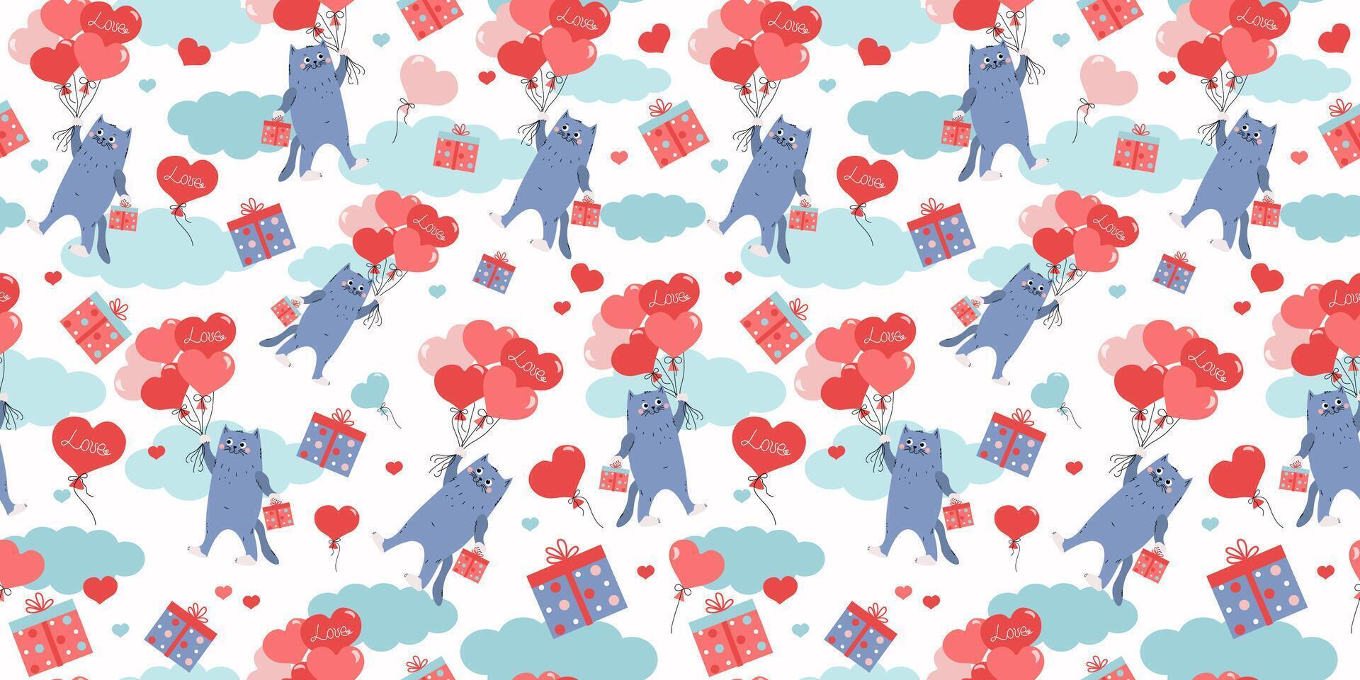 Pattern Cartoon cat with gift box flies on heart-shaped balloons. Happy kitten. Inscription, the word love. Packaging design for weddings, birthdays, Valentine's Day. Vector seamless background.