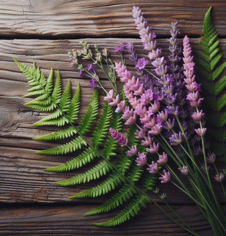 AI generated bunch of lavender on wooden floor photo