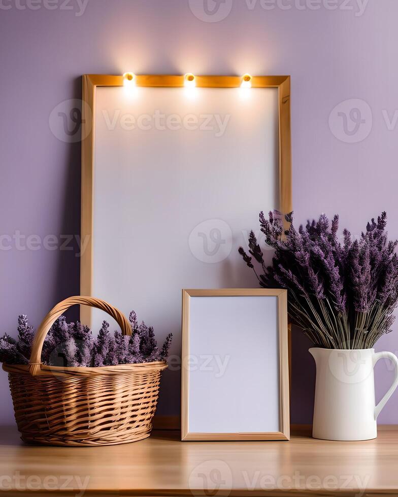 AI generated Blank sign with cup of coffee and Lavender Flowers decorate photo