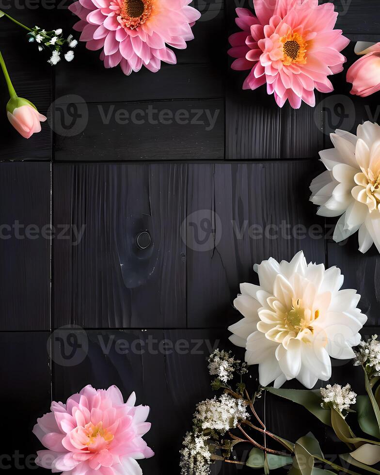 AI generated Beautiful flowers on black wooden background. Flat lay, top view photo