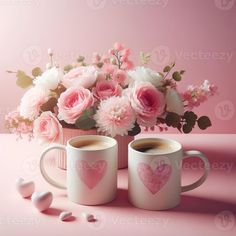 AI generated Two cups of coffee with pink and white flowers on a pink background photo