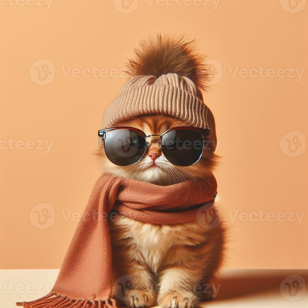 AI generated Cute cat wearing knitted hat, scarf and sunglasses. Fashion concept. photo