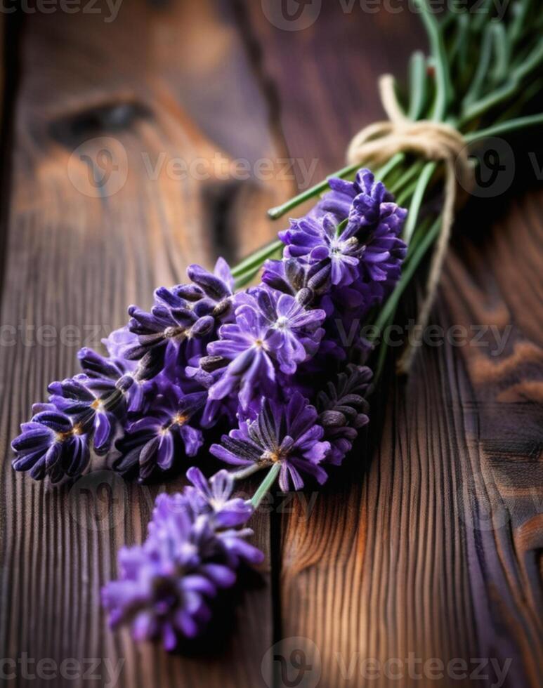 AI generated Bunch of lavender flowers on wooden background, selective focus. photo