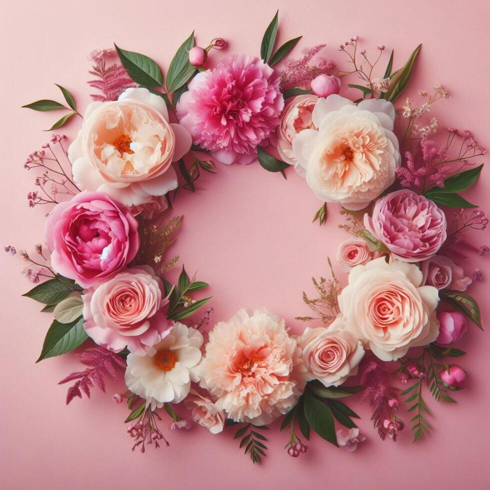 AI generated sweet wreath with red roses on pastel background photo