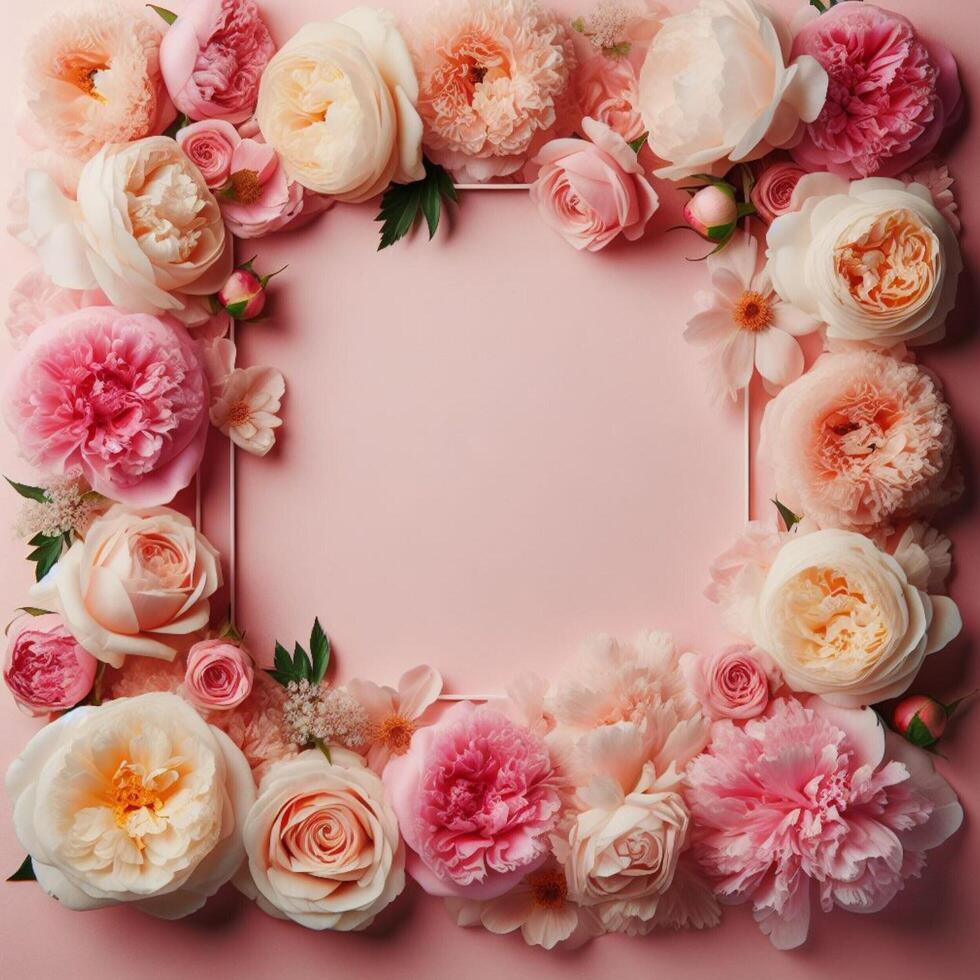 AI generated sweet wreath with red roses on pastel background photo