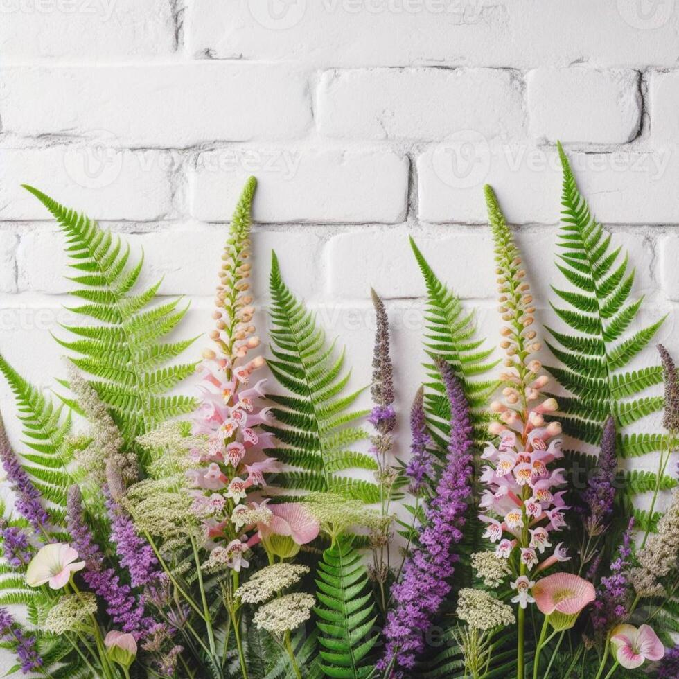 AI generated green fern on white brick wall with copy space photo