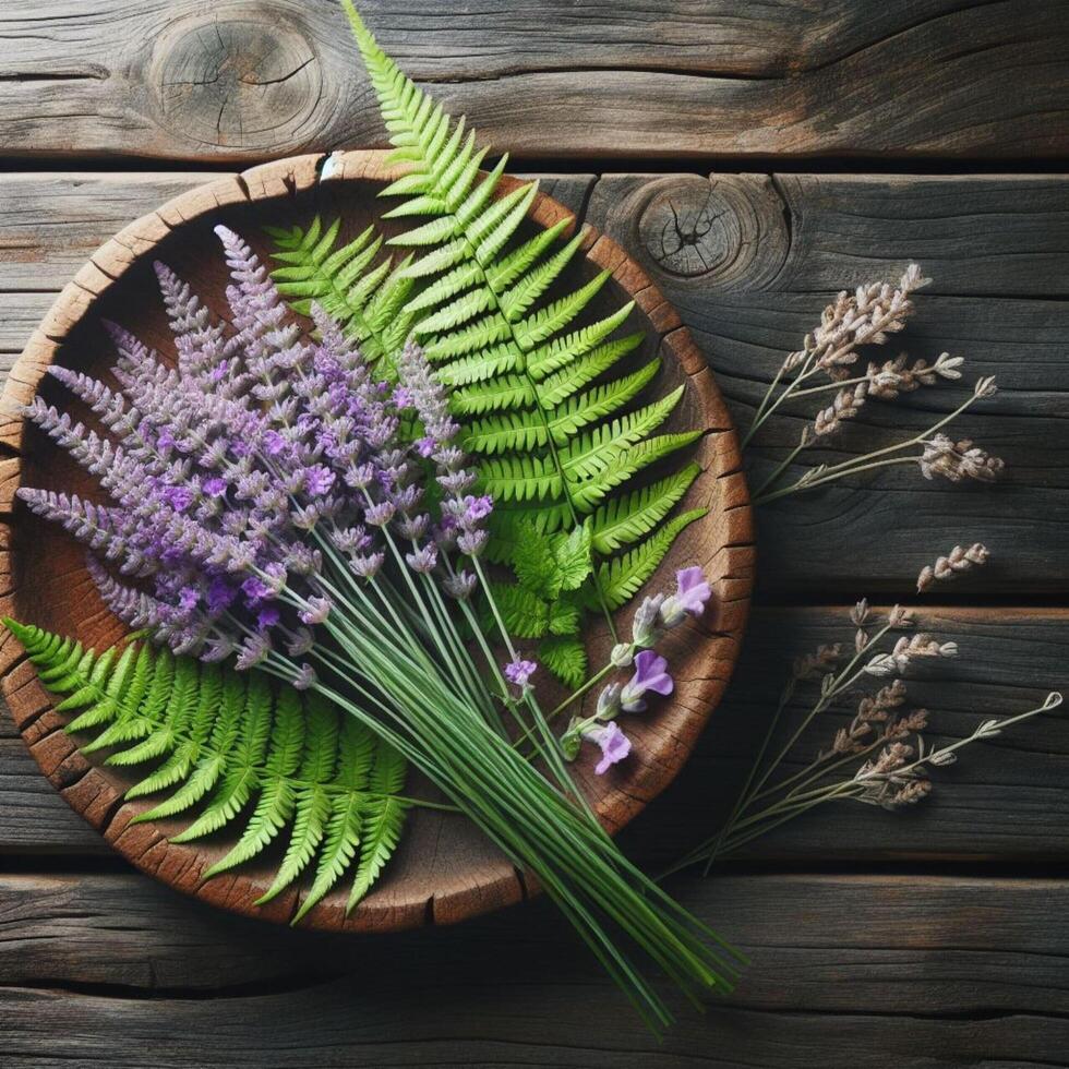 AI generated bunch of lavender on wooden floor photo