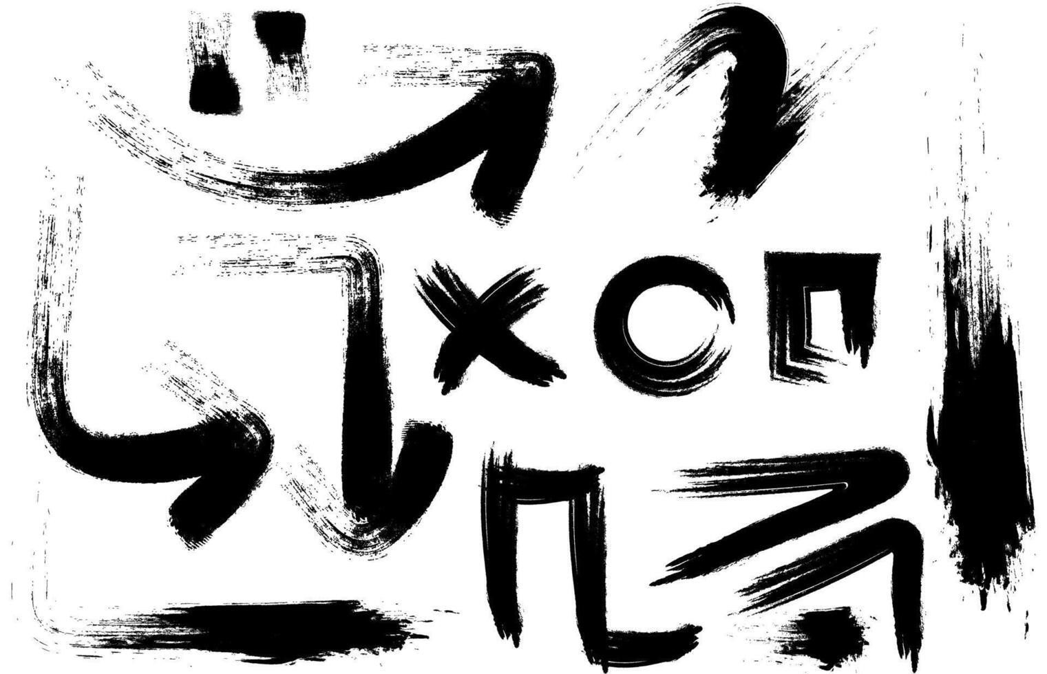 Set of ink brush strokes, arrows, grungy lines, handrawn, cross, circle, square. Vector paintbrush illustration
