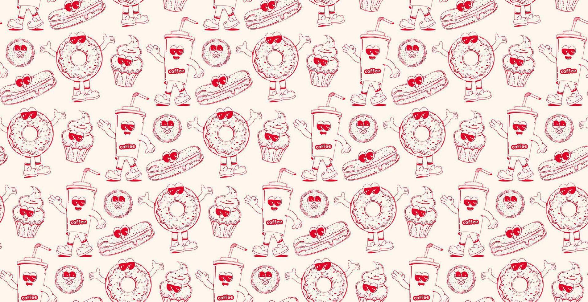 Seamless pattern with trendy retro cartoon sweet fast food characters in linear style. Modern cartoon style. Background with mascots for bar, restaurant menu. vector