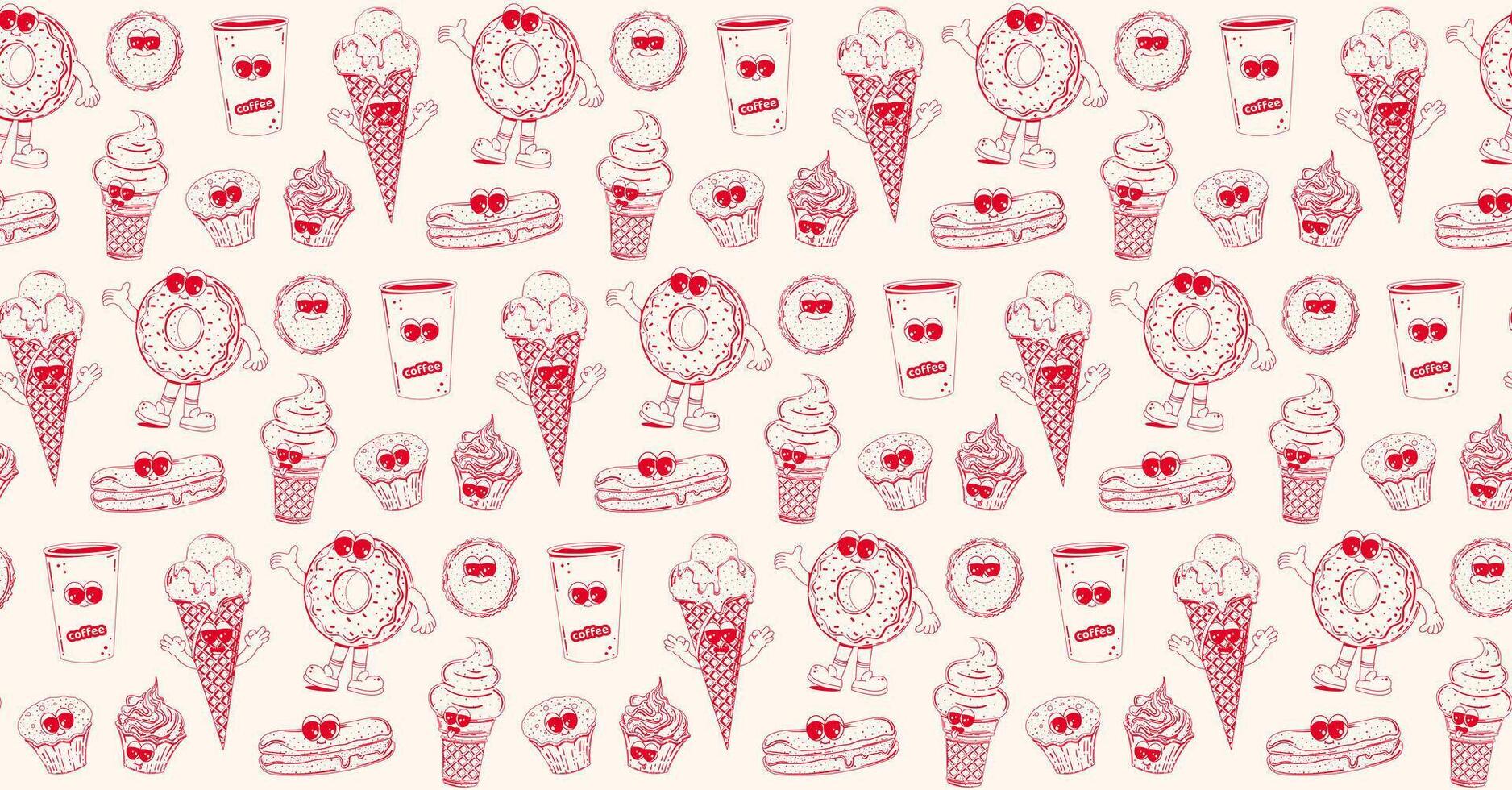 Seamless pattern with trendy retro cartoon sweet fast food characters in linear style. Modern cartoon style. Background with mascots for bar, restaurant menu. vector