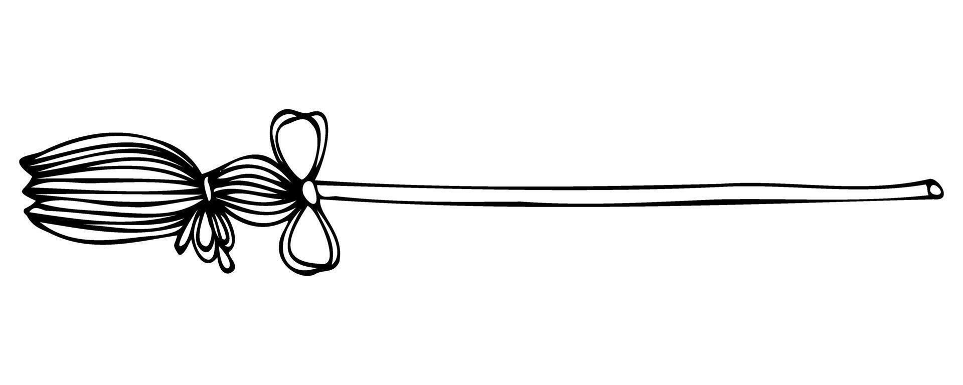 Cleaning broom with bow in doodle style with black silhouette vector on white