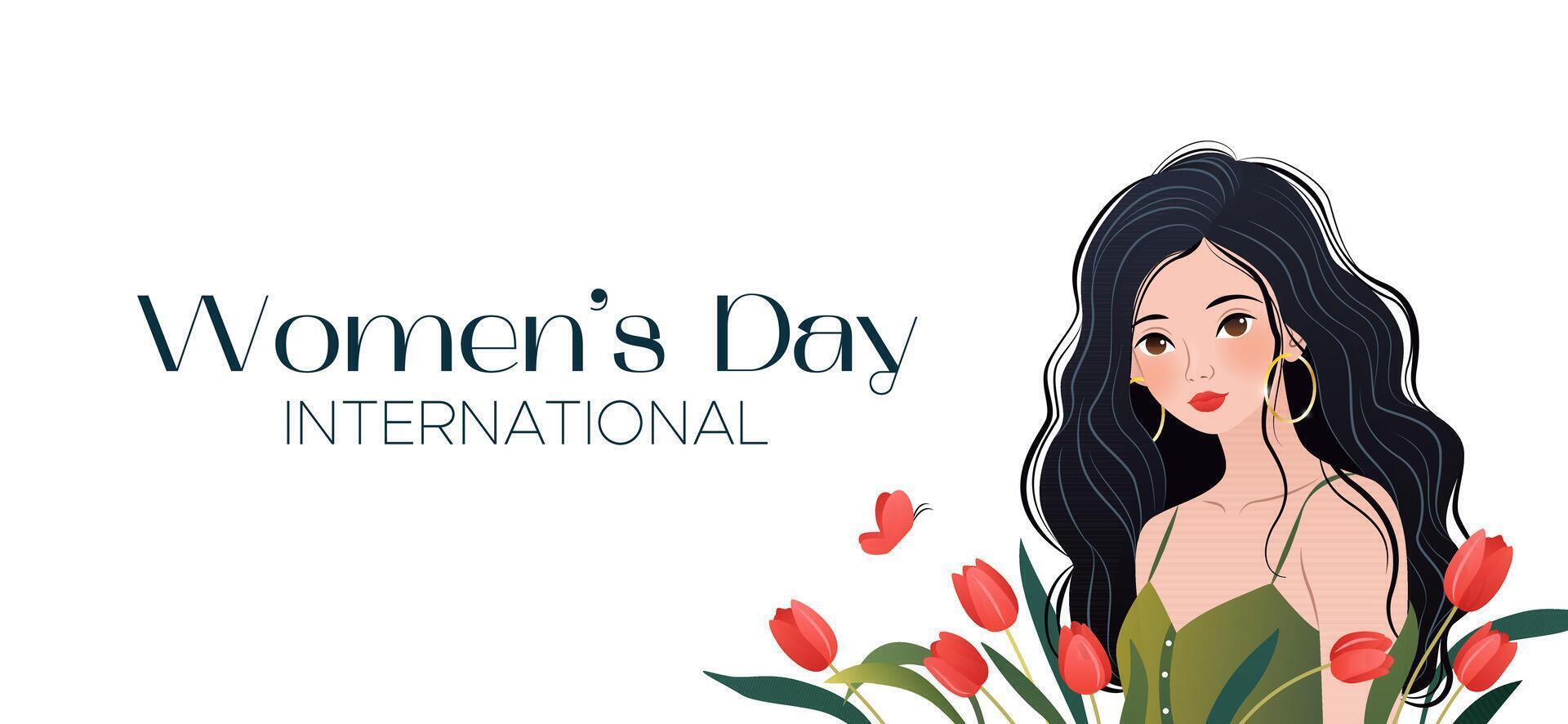 International Women's Day. 8 March. Banner with beautiful woman with long hair. Red tulips and butterfly. Modern vector design on white background with text for poster, campaign, social media post.