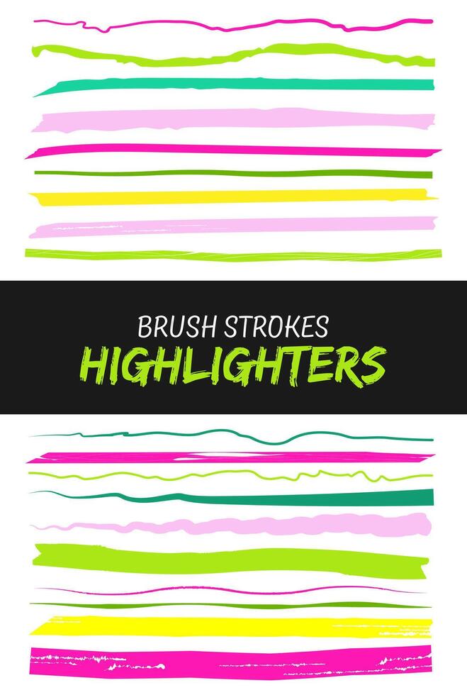 Brush highlight lines and strokes set. isolated vector design elements on background. Doodle neon various strokes of marker. Acid highlighters marker stripes, underlines for any use. Set of brushes.