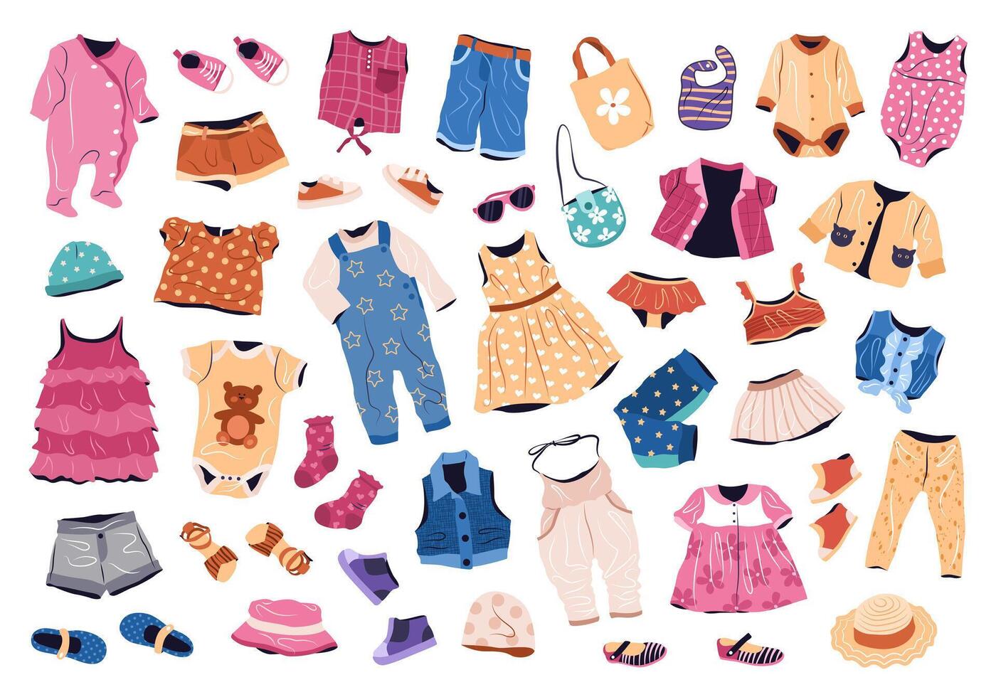 Casual clothes set for kids. Summer and spring fashion garments for boys and girls. Collection of stylish children wearing. isolated flat vector illustrations on white background.