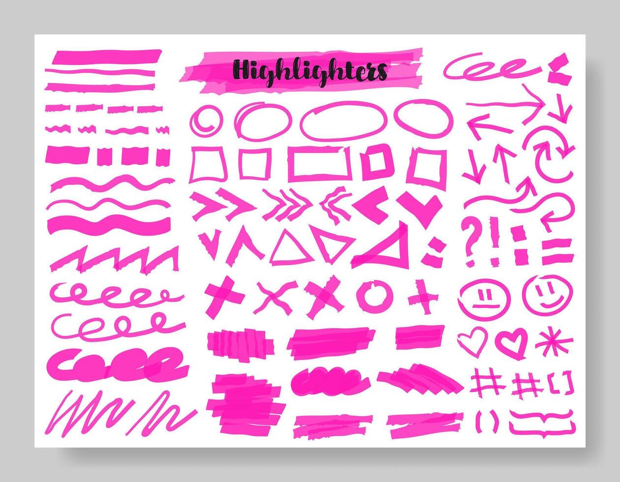 Highlight brush lines, shapes, elements. Big set of hand draw isolated vector objects on white background. Neon pink doodle strokes. Acid highlighters marker stripes, underlines for any use.