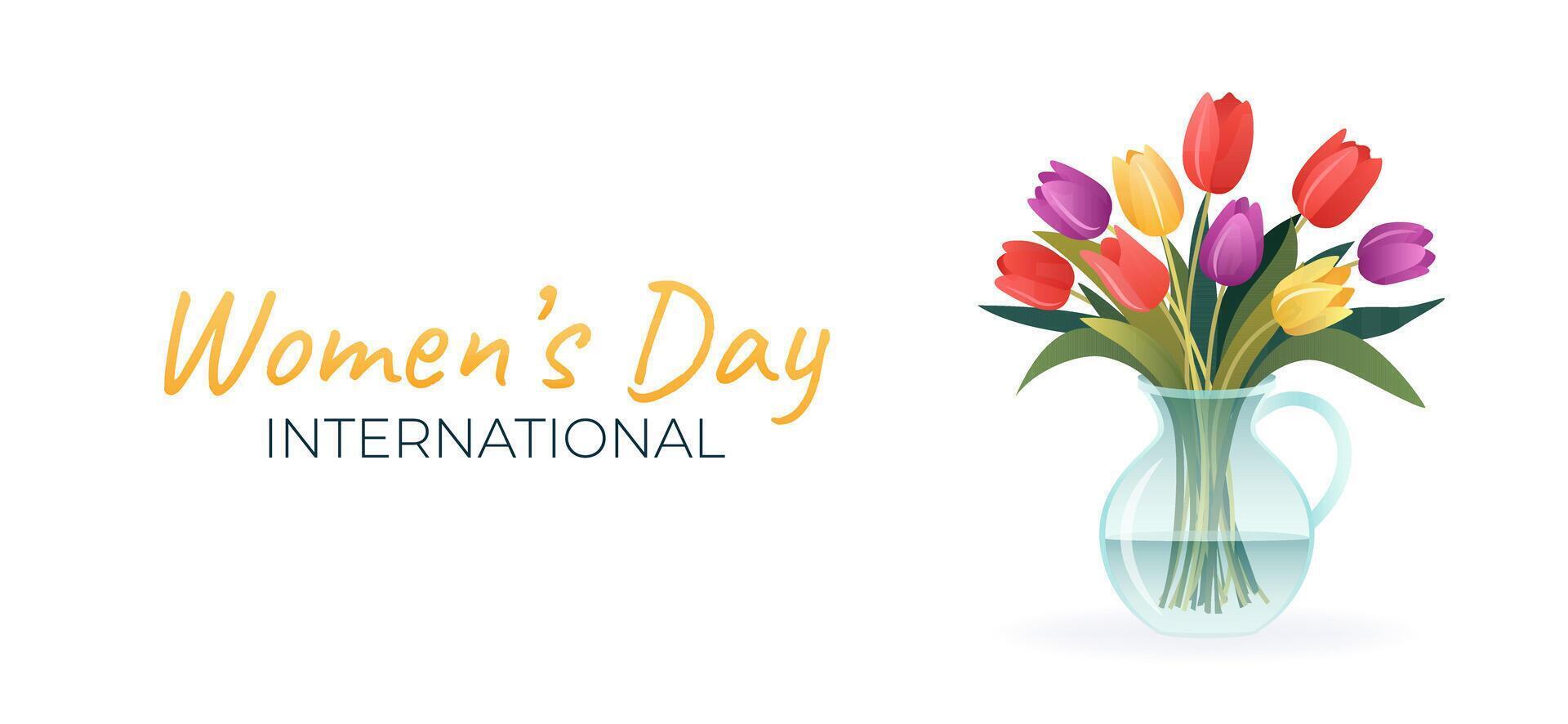International Women's Day. 8 March. Banner with isolated vase and bouquet of tulips. Spring flowers on white background. Modern vector design for poster, campaign, social media post.