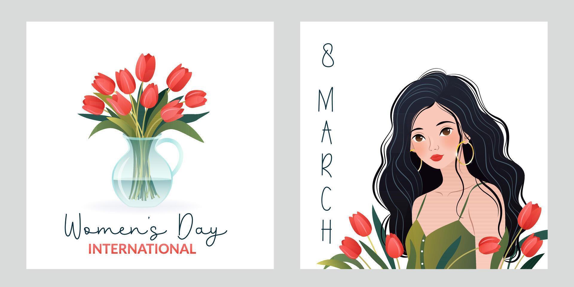 internacional De las mujeres día cuadrado pancartas colocar. 8 marzo. retrato de dibujos animados mujer con tulipanes ramo de flores de flores en florero. diseño para póster, campaña, social medios de comunicación correo, tarjeta postal. vector ilustración.