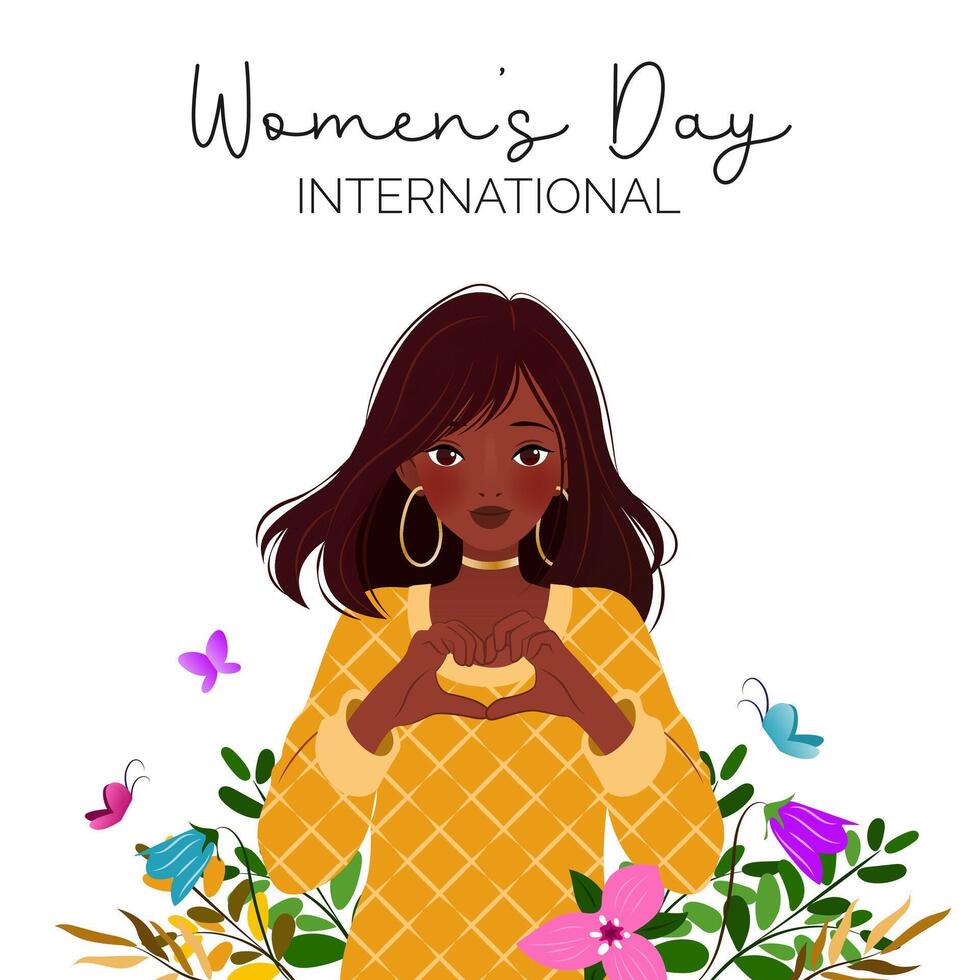 International Women's Day. 8 March. Banner with young woman showing sign of heart. Spring flowers, herbs. Inspire inclusion. Modern vector design for postcard, poster, campaign, social media post.