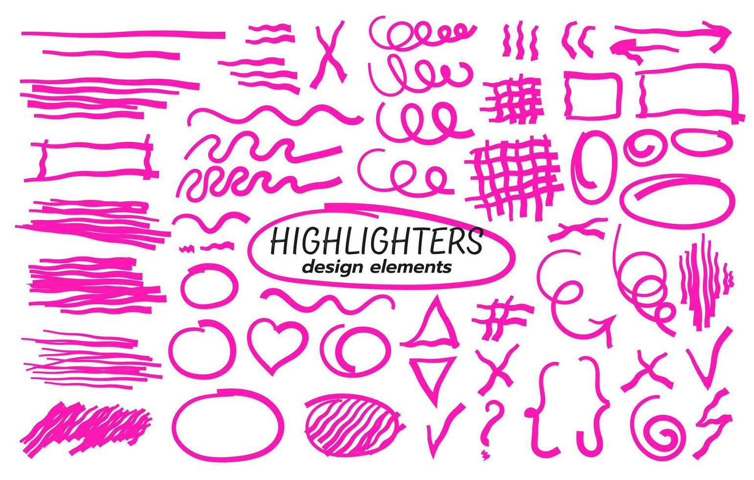 Highlight brush lines, shapes, elements. Big set of hand draw isolated vector objects on white background. Neon pink doodle strokes. Acid highlighters marker stripes, underlines for any use.