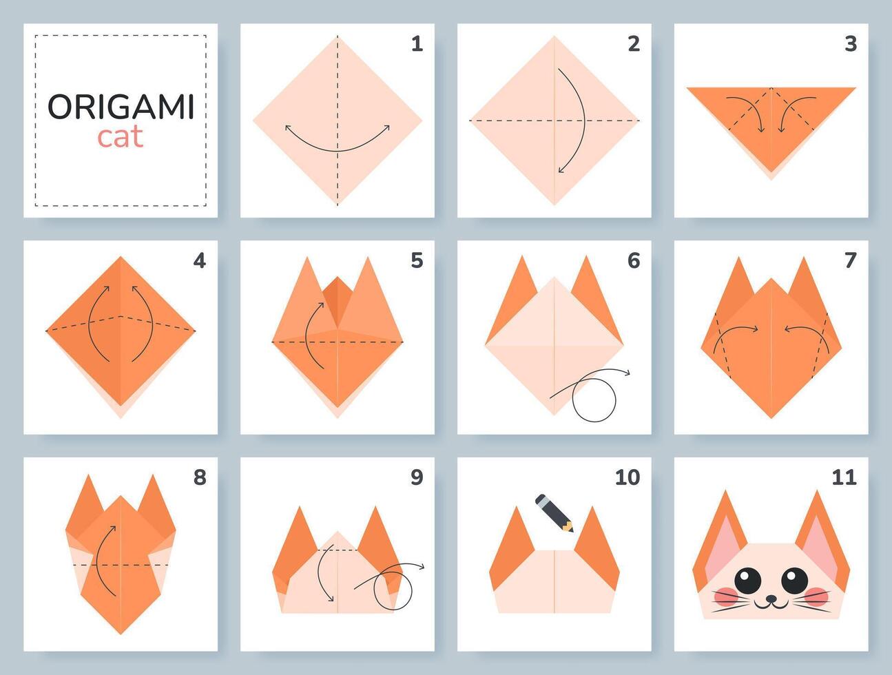 Cat origami scheme tutorial moving model for kids. Step by step how to make a cute origami pet. Vector illustration.