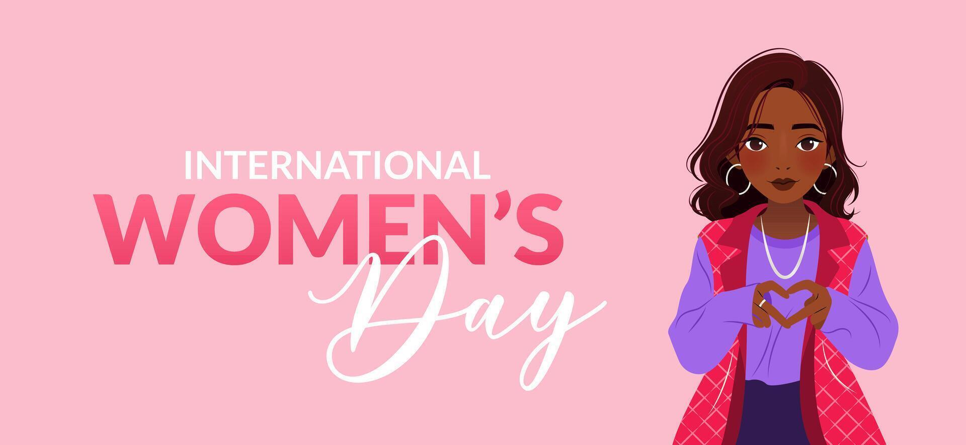 internacional De las mujeres día. 8 marzo. inspirar inclusión. bandera con asiático mujer demostración firmar de corazón. moderno vector diseño en rosado antecedentes para póster, campaña, social medios de comunicación correo.