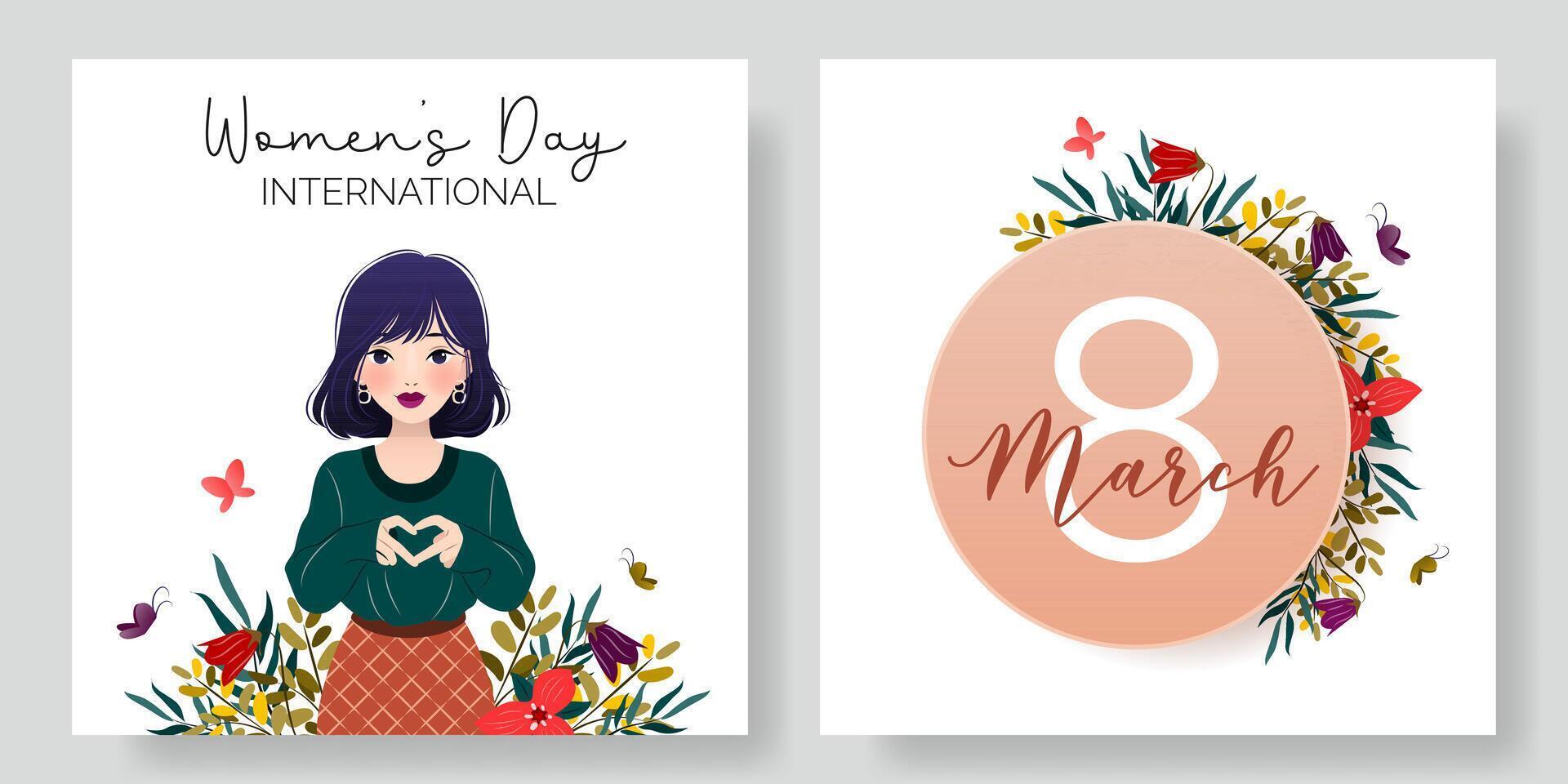 International Women's Day square banners set. 8 March. Inspireinclusion. Cartoon woman showing sign of heart. Round banner with spring flowers. Vector design for poster, campaign, social media post.