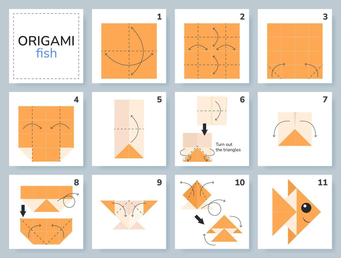 Fish origami scheme tutorial moving model. Origami for kids. Step by step how to make a cute origami aquarium fish. Vector illustration.