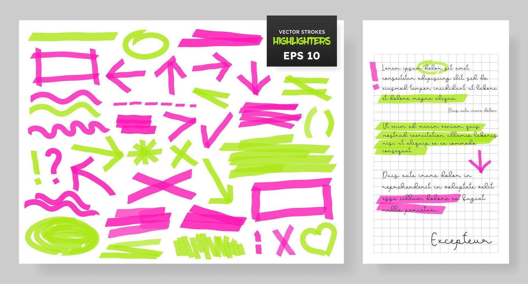 Highlight brush lines, shapes, elements. Big set of hand drawn isolated vector objects on white background. Neon pink doodle strokes. Acid highlighters marker stripes, underlines for any use.