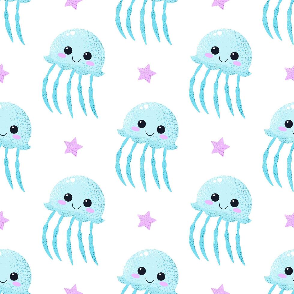 sin costura modelo con azul Medusa y estrellas. linda dibujos animados infantil impresión. submarino animales en blanco antecedentes. gráfico vector diseño para textil, envase papel, fondo de pantalla, impresión o tela.