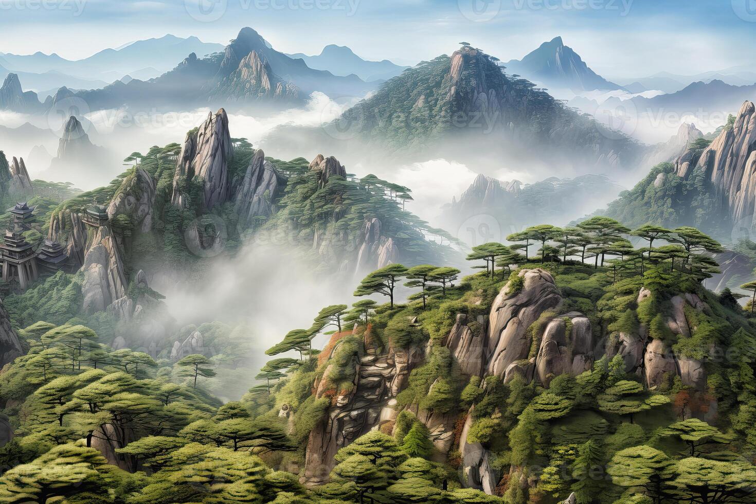 AI generated Surrealist aerial view over the Huangshan Mountain range, Chine, AI Generated photo