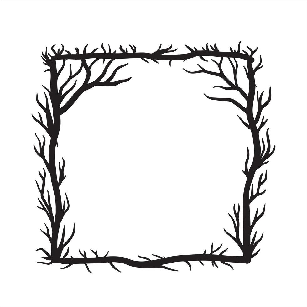 Tree frame, floral square border. Plant and twig decoration isolated on white background. black outline silhouette. decorative vintage scary element. Dark forest concept. vector