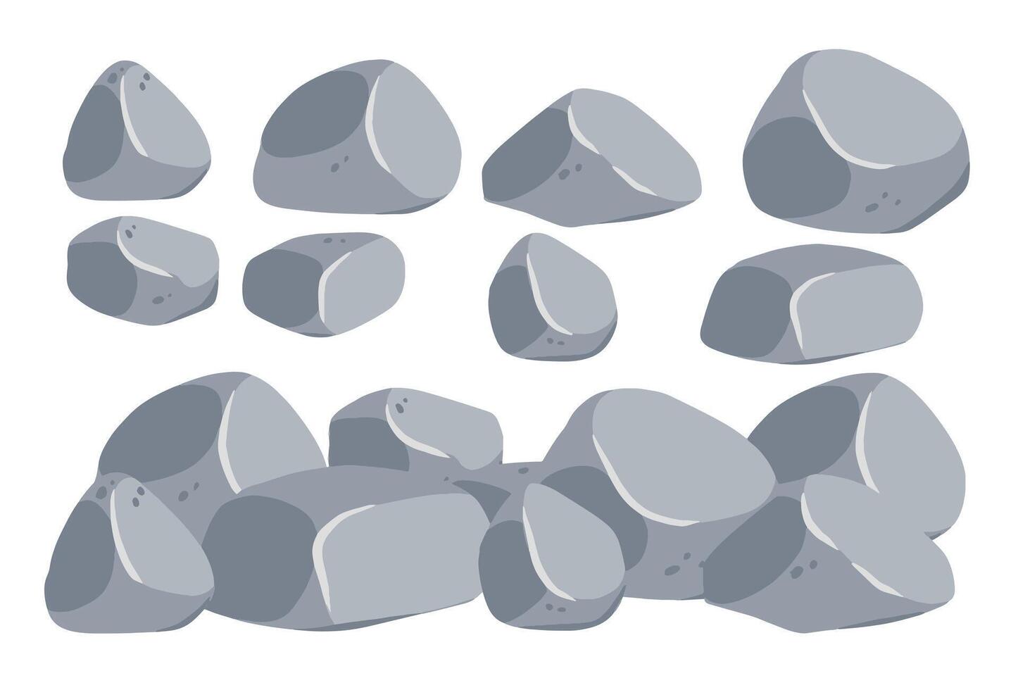 Set of stones. Gray cobblestone. Element of nature and mountains. Items for decoration and background. Flat cartoon. Boulder cobble debris. Block granite material. vector