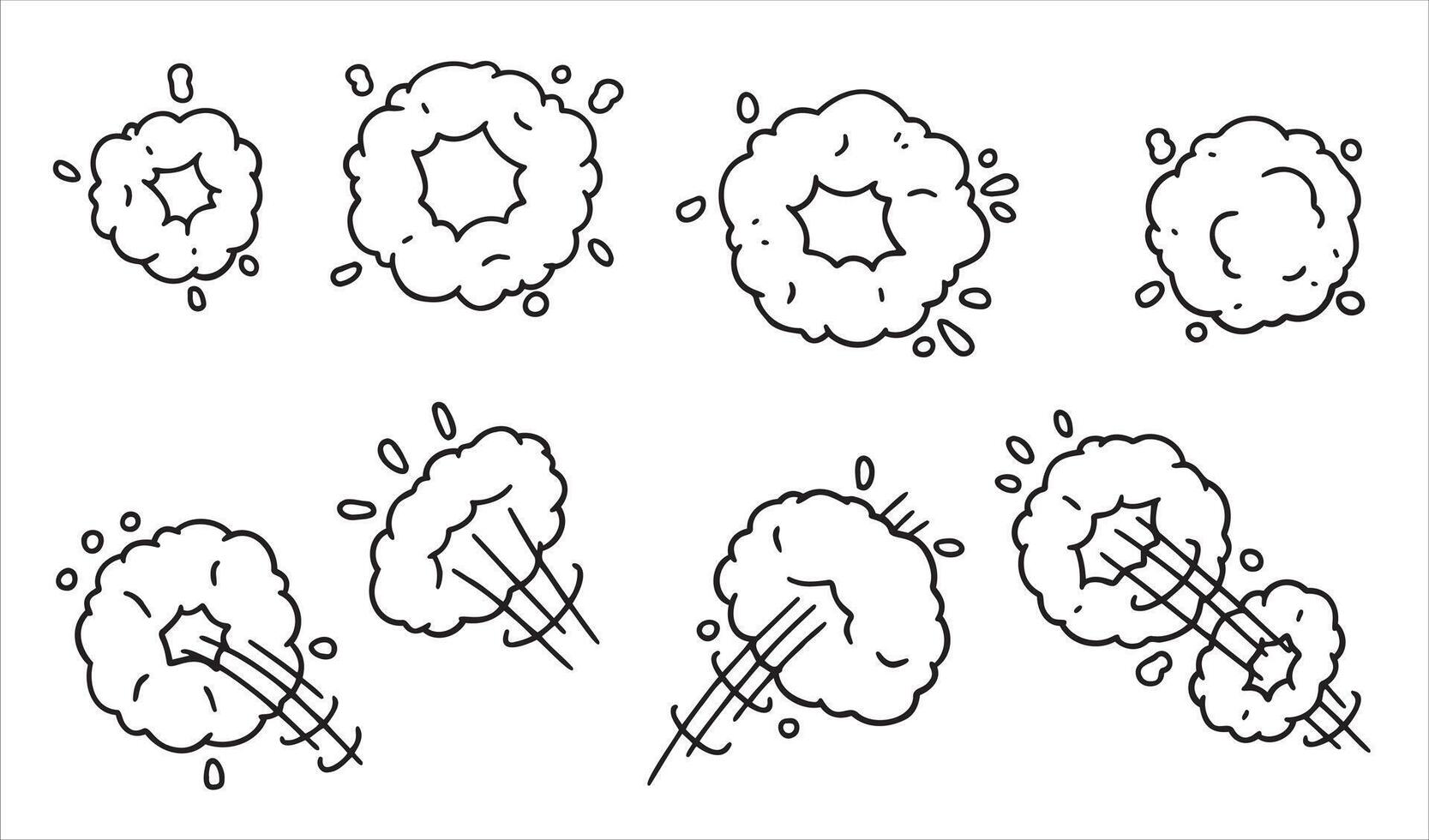 cómic burbuja nube. pista y rastro. un resumen elemento de movimienot. dibujos animados negro y blanco ilustración. conjunto de gracioso fumar y vapor. vector