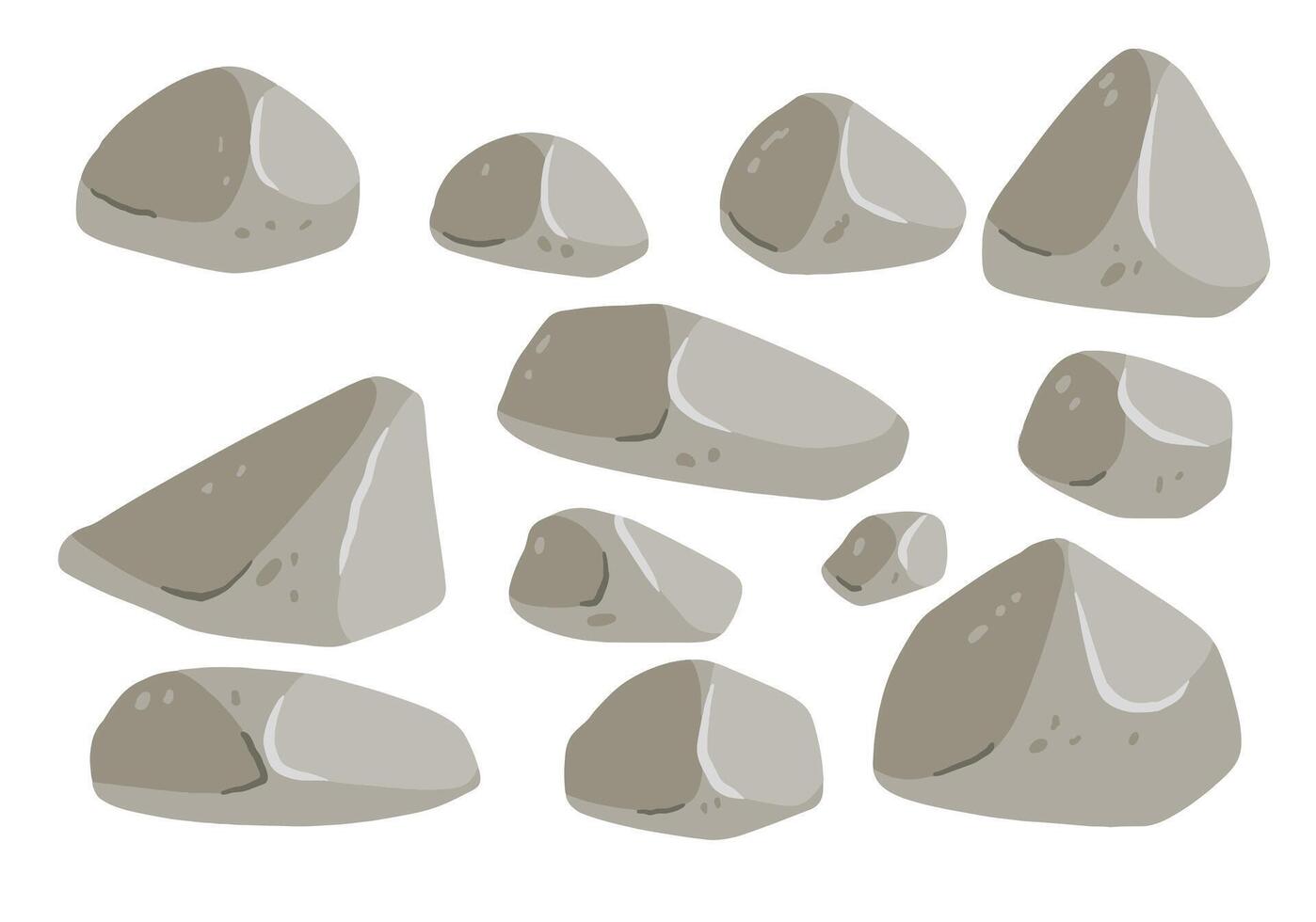 Set of stones. Gray cobblestone. Element of nature and mountains. Items for decoration and background. Flat cartoon. Boulder cobble debris. Block granite material. vector