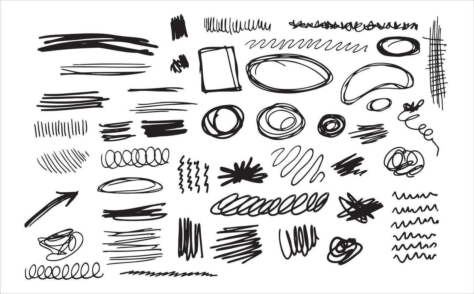 Set of doodle crosses, swirls, broken lines. Hand-drawn geometric shapes. Abstract sketch symbols. vector