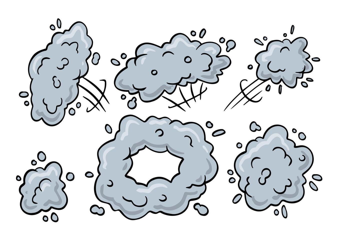 Comic bubble cloud. Track and trace. An abstract element of movement. Cartoon black and white illustration. Set of Funny smoke and steam. vector