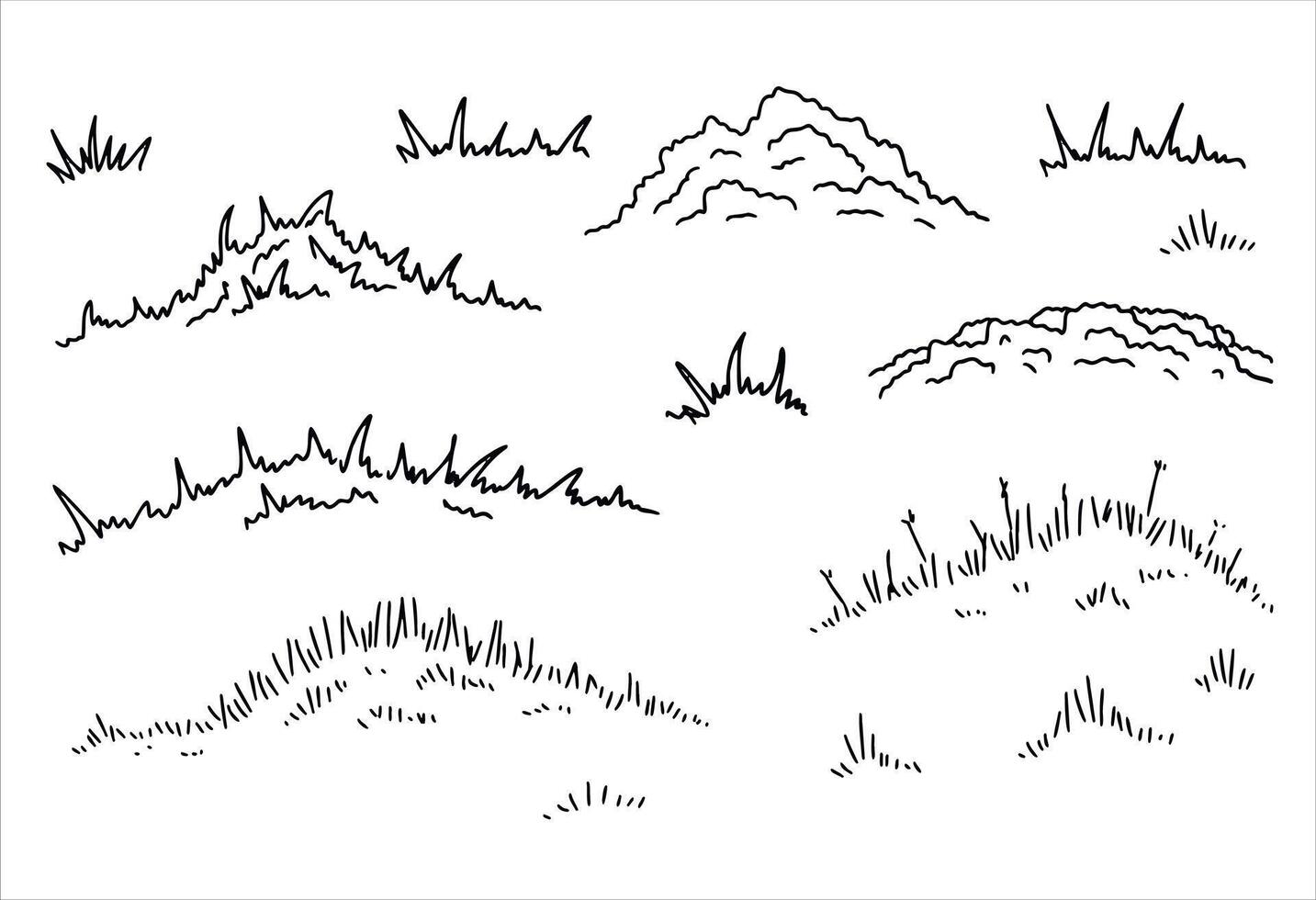 césped Escribiendo garabatear campo. contorno verano paisaje. mano dibujado línea prado. dibujos animados ilustración aislado en blanco antecedentes vector