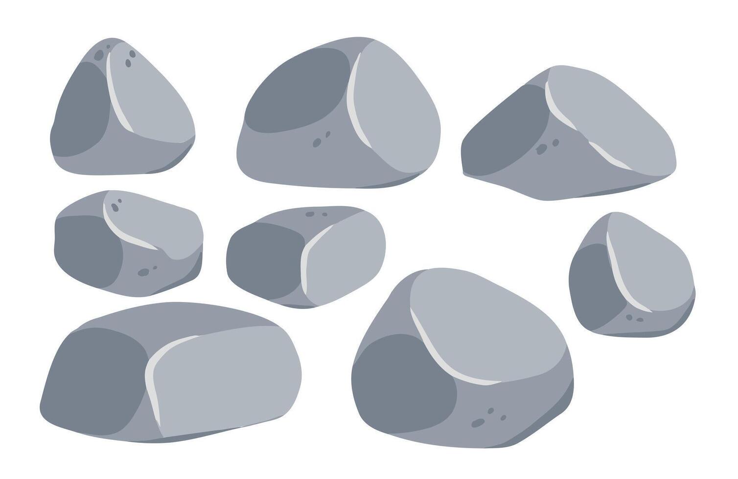 Set of stones. Gray cobblestone. Element of nature and mountains. Items for decoration and background. Flat cartoon. Boulder cobble debris. Block granite material. vector