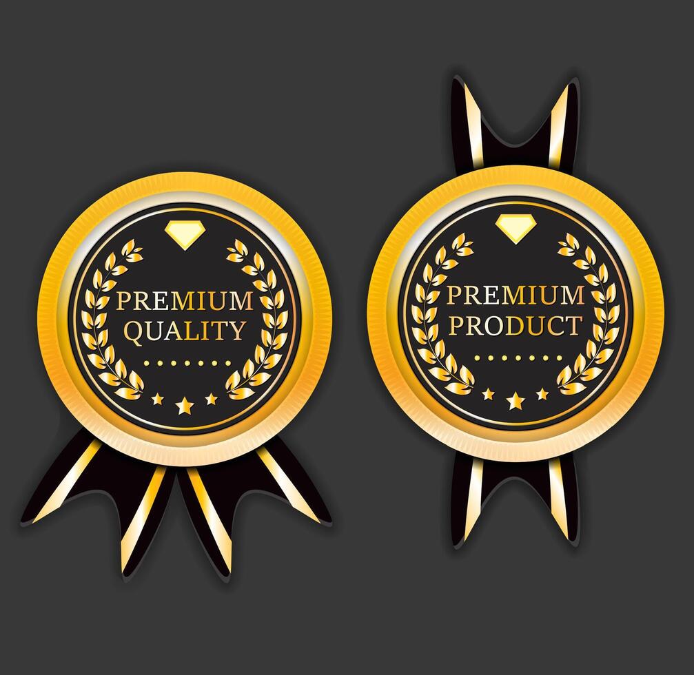 premium quality product badge gold color with ribbon and dark background vector
