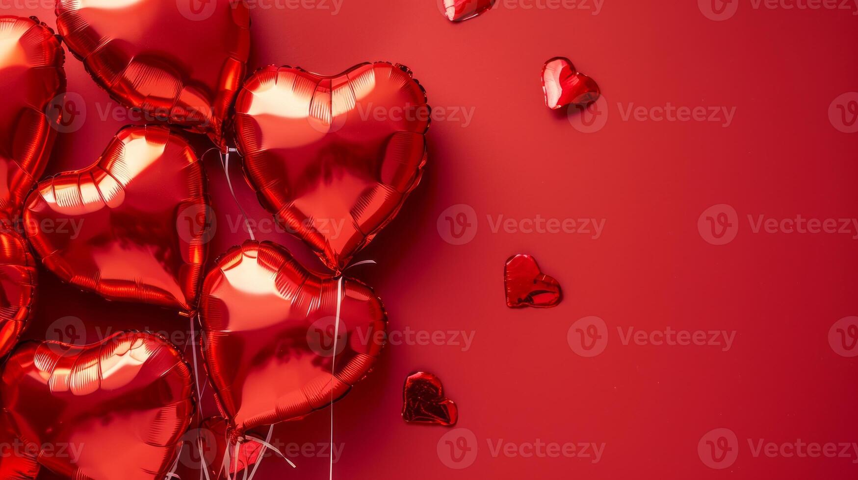 AI generated Heart shaped balloons on red background, flat lay with space for text. Saint Valentine's day celebration photo