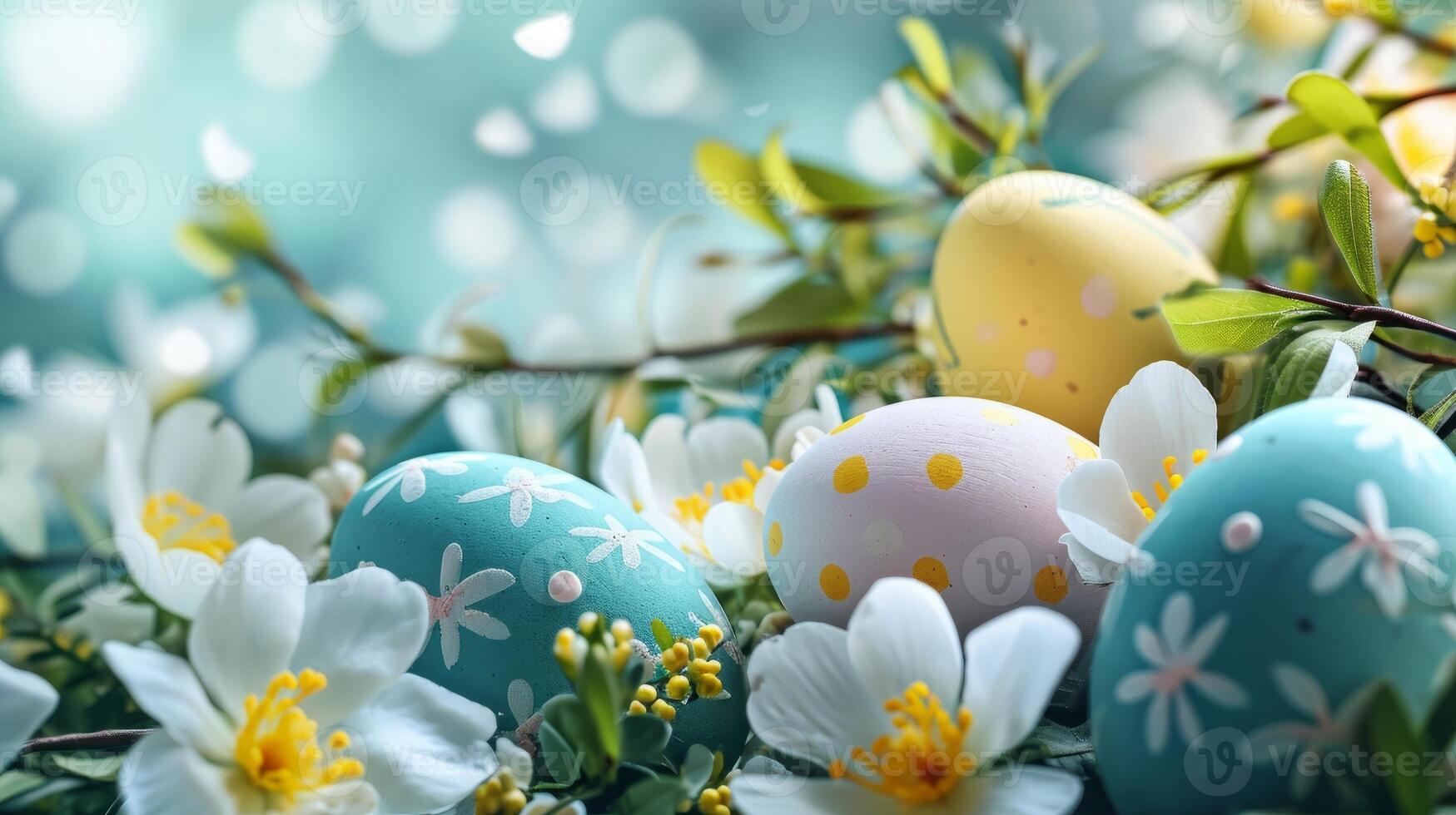 AI generated Realistic Easter greeting card banner with flowers photo