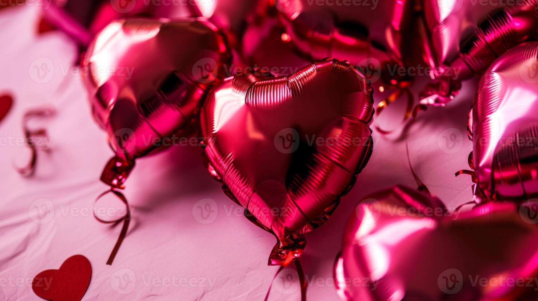 AI generated Heart shaped balloons on red background, flat lay with space for text. Saint Valentine's day celebration photo
