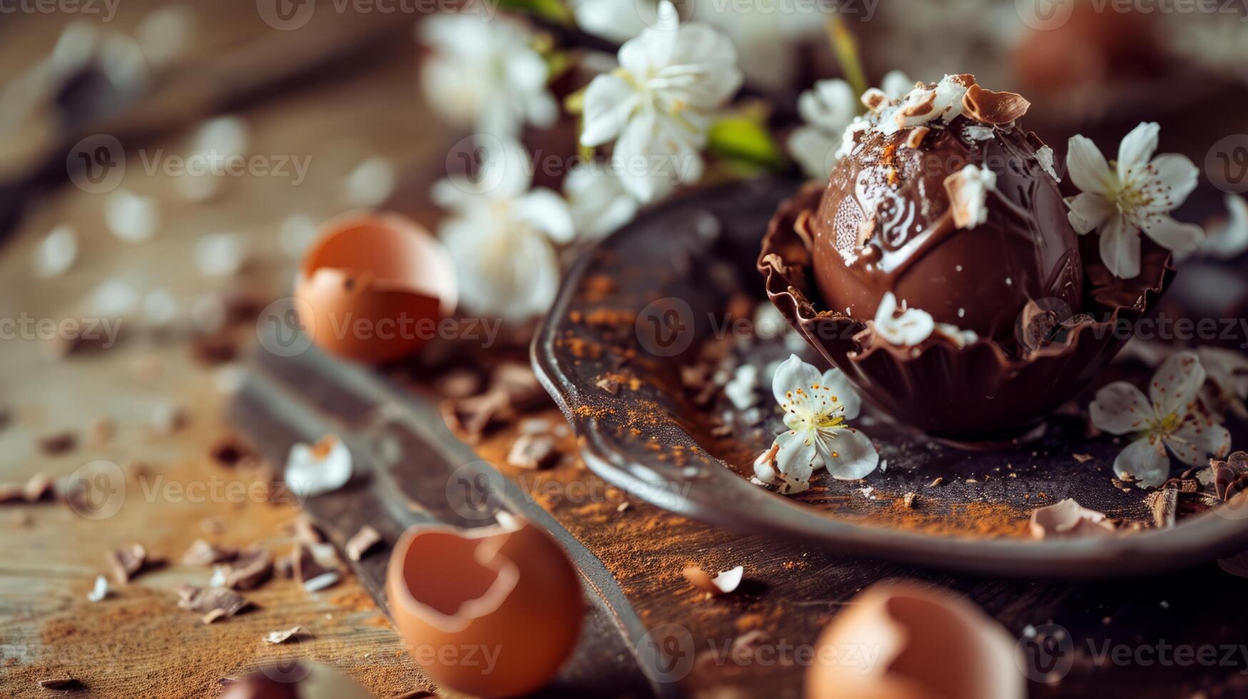 AI generated A chocolate egg with flowers and eggshells on a plate photo