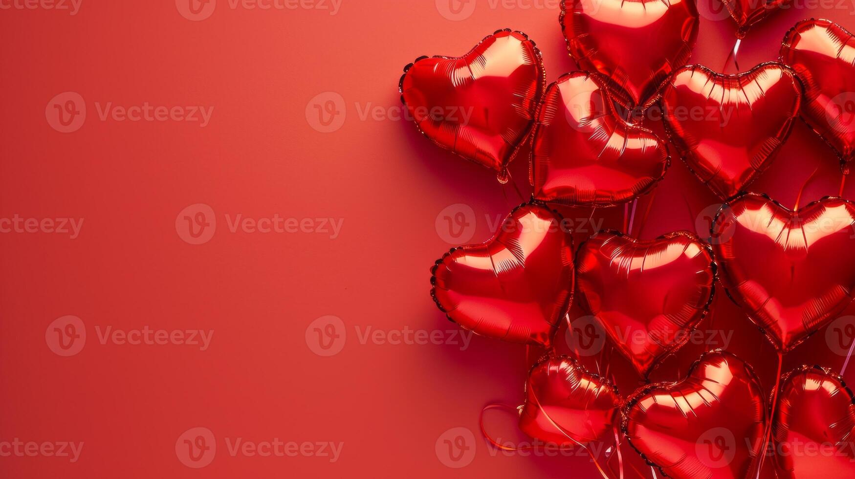 AI generated Heart shaped balloons on red background, flat lay with space for text. Saint Valentine's day celebration photo